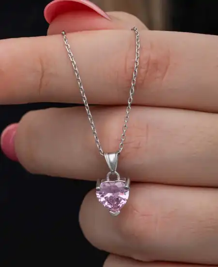 Gümüş Pembe Taşlı Kalpli Kadın Kolye