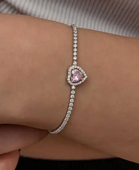 Gümüş Pembe Taşlı Kalpli Su Yolu Bileklik
