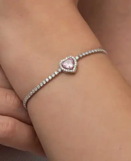 Gümüş Pembe Taşlı Kalpli Su Yolu Bileklik