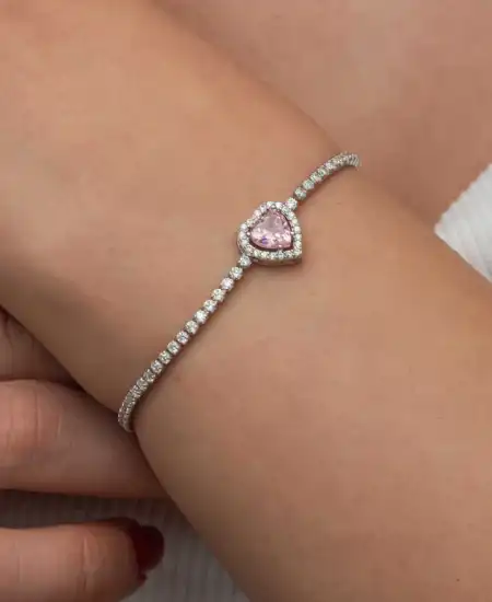 Gümüş Pembe Taşlı Kalpli Su Yolu Bileklik