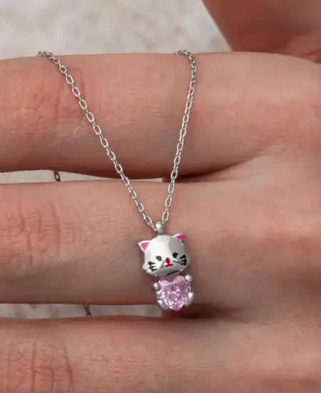 Gümüş Pembe Taşlı Sevimli Kedi Kadın Kolye