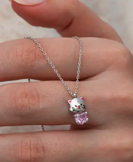 Gümüş Pembe Taşlı Sevimli Kedi Kadın Kolye