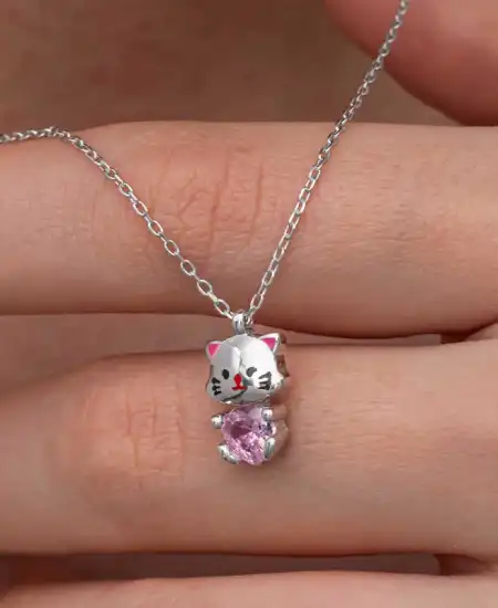 Gümüş Pembe Taşlı Sevimli Kedi Kadın Kolye