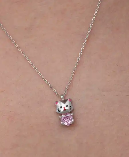 Gümüş Pembe Taşlı Sevimli Kedi Kadın Kolye