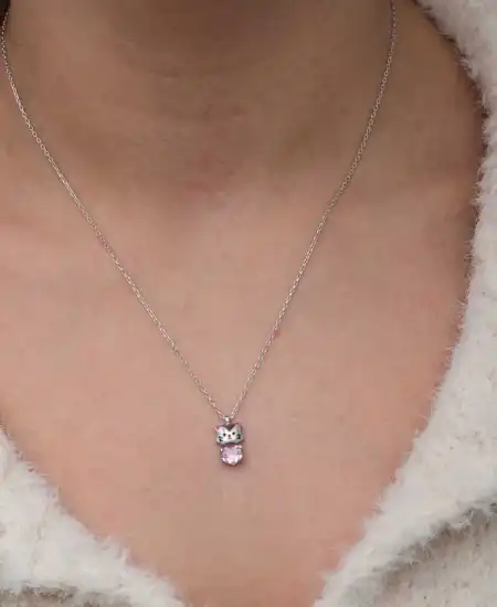 Gümüş Pembe Taşlı Sevimli Kedi Kadın Kolye