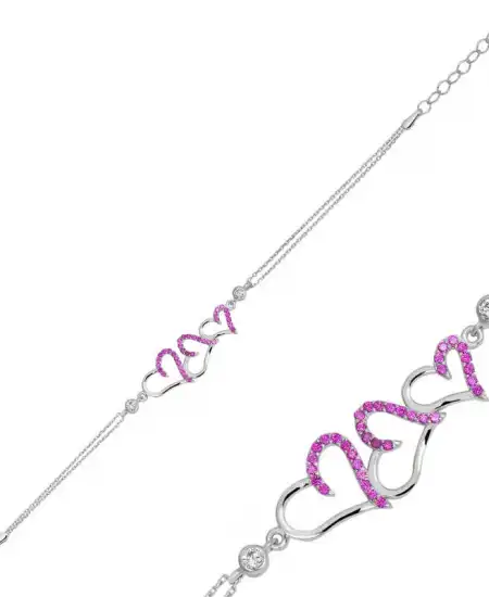 Gümüş Pembe Üç Kalpli Bayan Bileklik