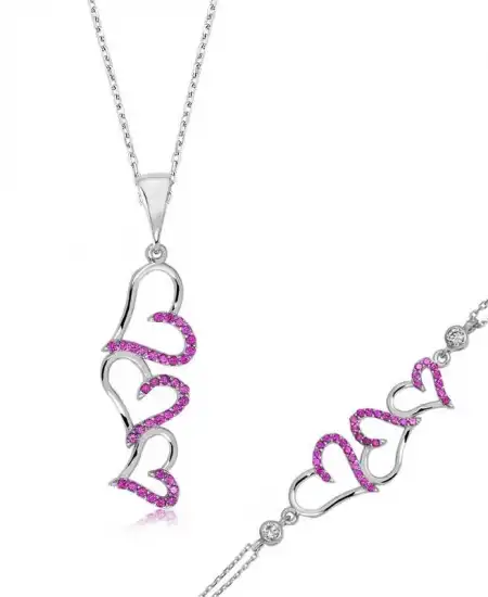 Gümüş Pembe Üç Kalpli Bayan Set