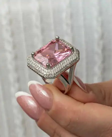 Gümüş Pembe Zirkon Taşlı Kadın Yüzük