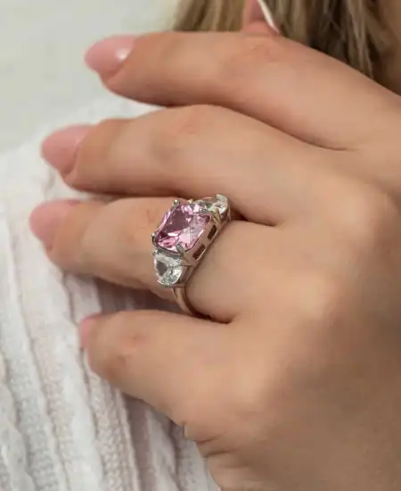 Gümüş Pembe Zirkon Taşlı Kadın Yüzük