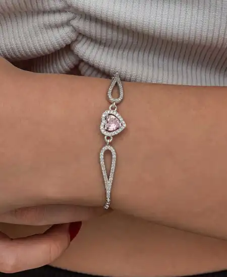 Gümüş Pembe Zirkon Taşlı Kalp Bileklik