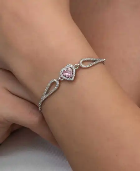 Gümüş Pembe Zirkon Taşlı Kalp Bileklik
