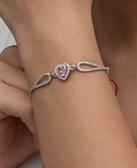 Gümüş Pembe Zirkon Taşlı Kalp Bileklik