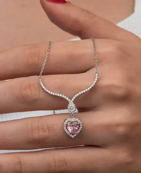 Gümüş Pembe Zirkon Taşlı Kalp Kadın Kolye