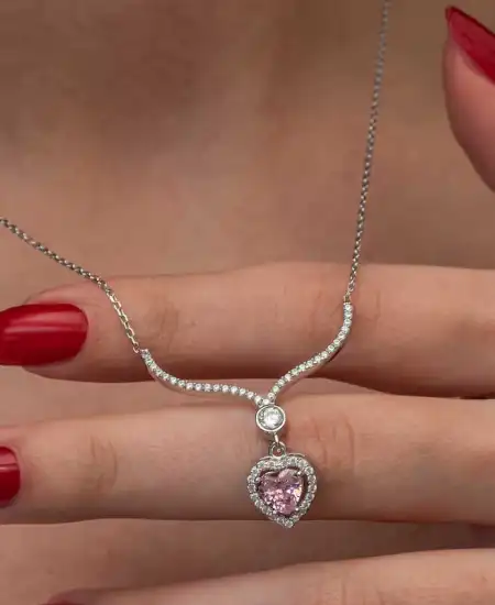 Gümüş Pembe Zirkon Taşlı Kalp Kadın Kolye