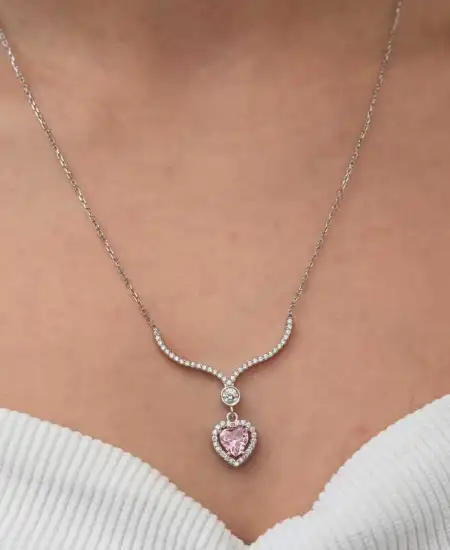 Gümüş Pembe Zirkon Taşlı Kalp Kadın Kolye