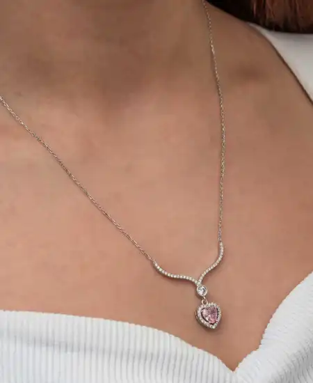 Gümüş Pembe Zirkon Taşlı Kalp Kadın Kolye