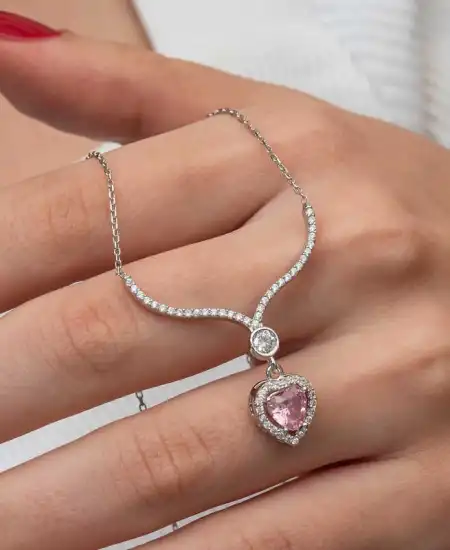 Gümüş Pembe Zirkon Taşlı Kalp Kadın Kolye