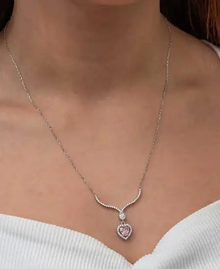 Gümüş Pembe Zirkon Taşlı Kalp Kadın Kolye