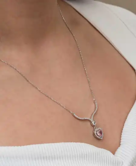 Gümüş Pembe Zirkon Taşlı Kalp Kadın Kolye