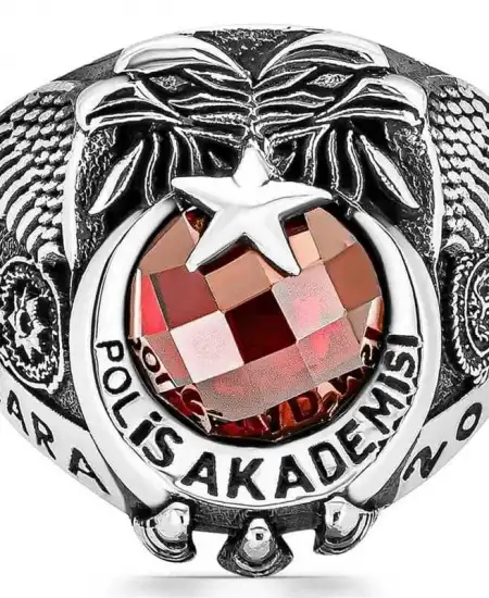 Gümüş Polis Akademisi Kırmızı Taşlı Erkek Yüzük