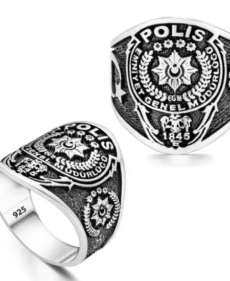 Gümüş Polis Armalı Türk Desenli Erkek Yüzük