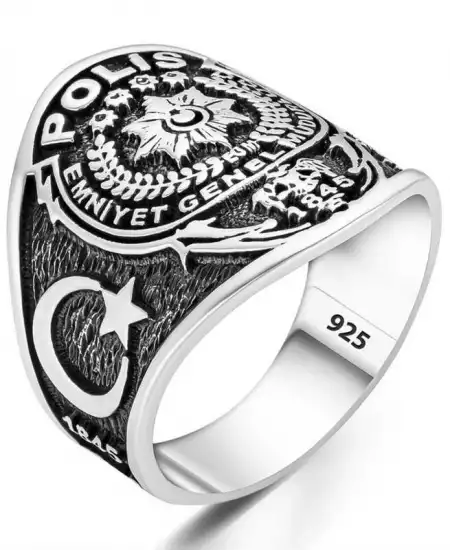 Gümüş Polis Armalı Türk Desenli Erkek Yüzük