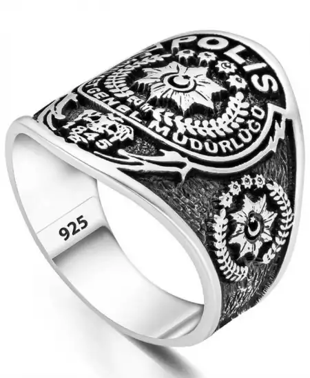 Gümüş Polis Armalı Türk Desenli Erkek Yüzük