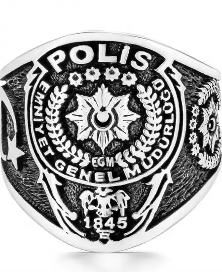 Gümüş Polis Armalı Türk Desenli Erkek Yüzük
