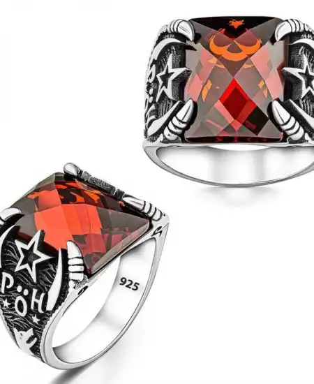 Gümüş Polis Özel Harekat Kırmızı Taşlı Erkek Yüzük