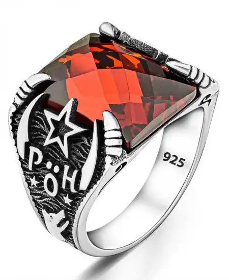 Gümüş Polis Özel Harekat Kırmızı Taşlı Erkek Yüzük