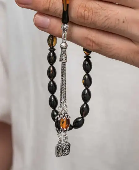 Gümüş Püskül Sıkma Kehribar Tesbih