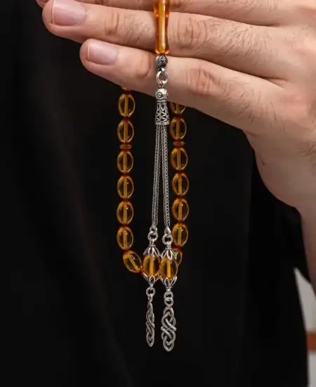 Gümüş Püskül Sıkma Kehribar Tesbih