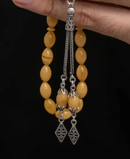 Gümüş Püskül Sıkma Kehribar Tesbih