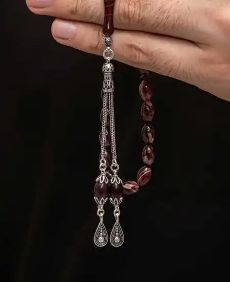 Gümüş Püskül Sıkma Kehribar Tesbih