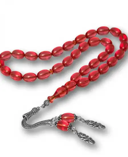 Gümüş Püsküllü Ateş Kehribar Tesbih