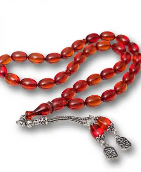 Gümüş Püsküllü Ateş Kehribar Tesbih