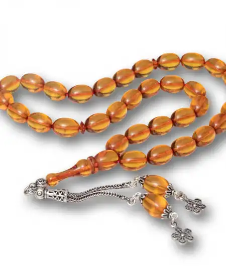 Gümüş Püsküllü Ateş Kehribar Tesbih