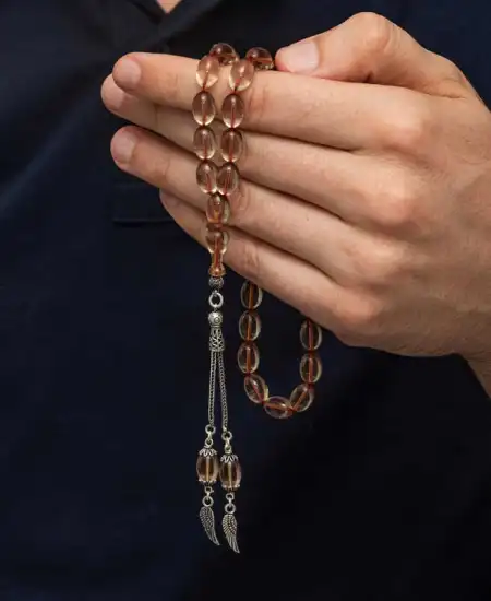 Gümüş Püsküllü Ateş Kehribar Tesbih