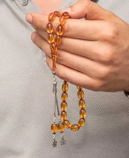 Gümüş Püsküllü Ateş Kehribar Tesbih