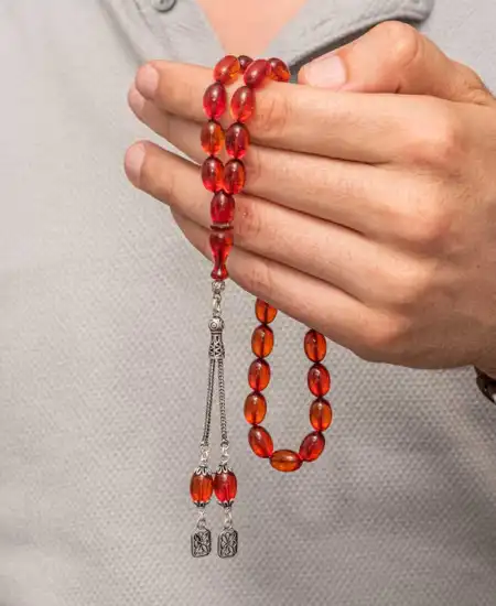 Gümüş Püsküllü Ateş Kehribar Tesbih