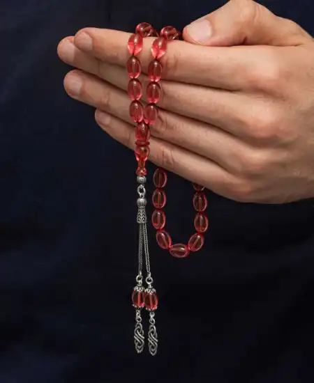 Gümüş Püsküllü Ateş Kehribar Tesbih