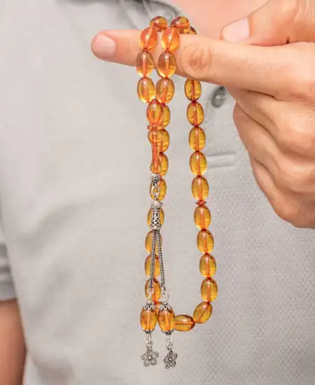 Gümüş Püsküllü Ateş Kehribar Tesbih