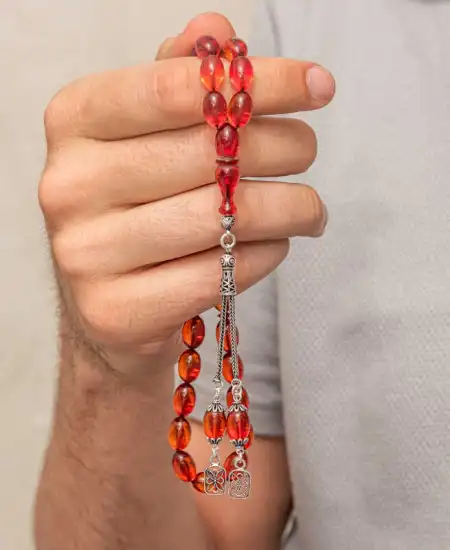 Gümüş Püsküllü Ateş Kehribar Tesbih