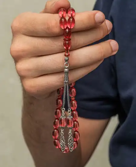 Gümüş Püsküllü Ateş Kehribar Tesbih