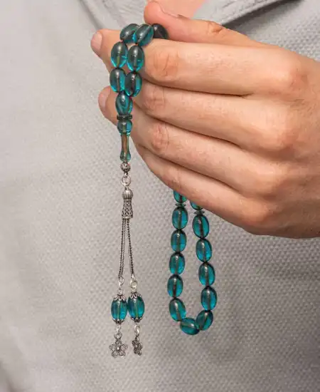 Gümüş Püsküllü Ateş Kehribar Tesbih