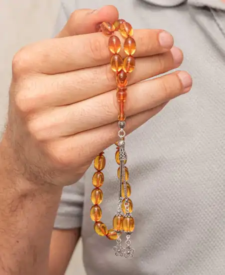 Gümüş Püsküllü Ateş Kehribar Tesbih