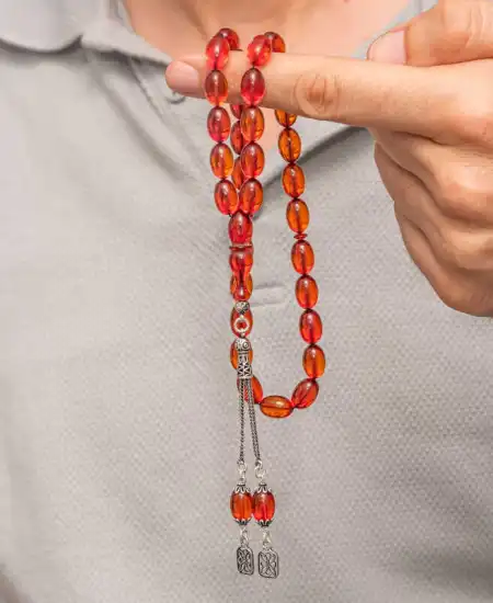 Gümüş Püsküllü Ateş Kehribar Tesbih