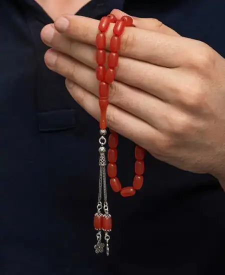 Gümüş Püsküllü Kapsül Kesim Sıkma Kehribar Tesbih