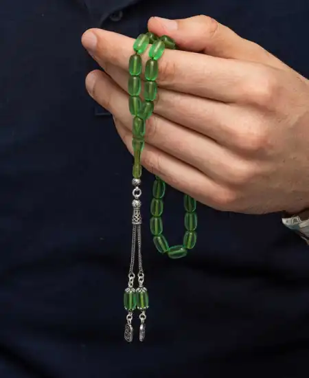 Gümüş Püsküllü Kapsül Kesim Sıkma Kehribar Tesbih