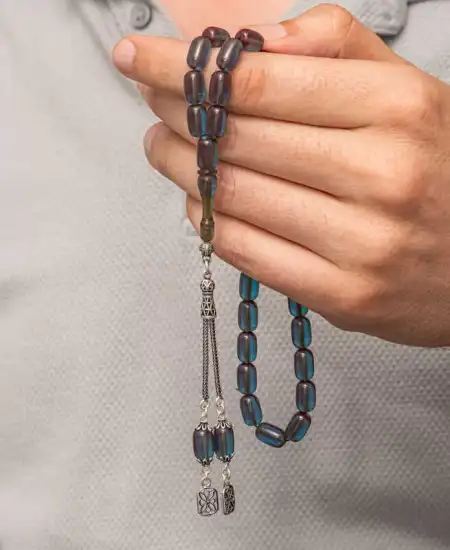 Gümüş Püsküllü Kapsül Kesim Sıkma Kehribar Tesbih